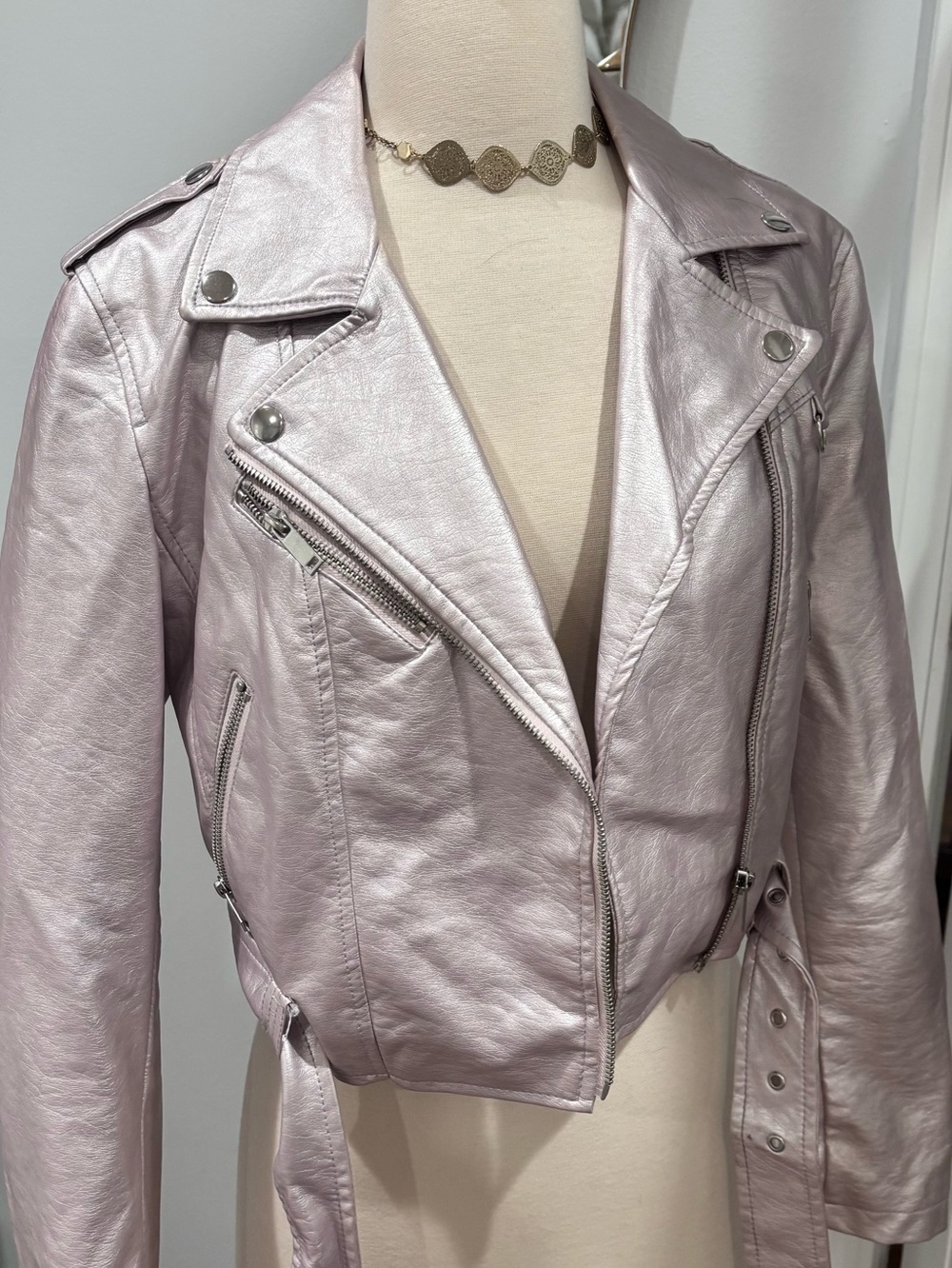 Forever 21 Metallic Pink Cropped Faux Leather Moto Biker Jacket